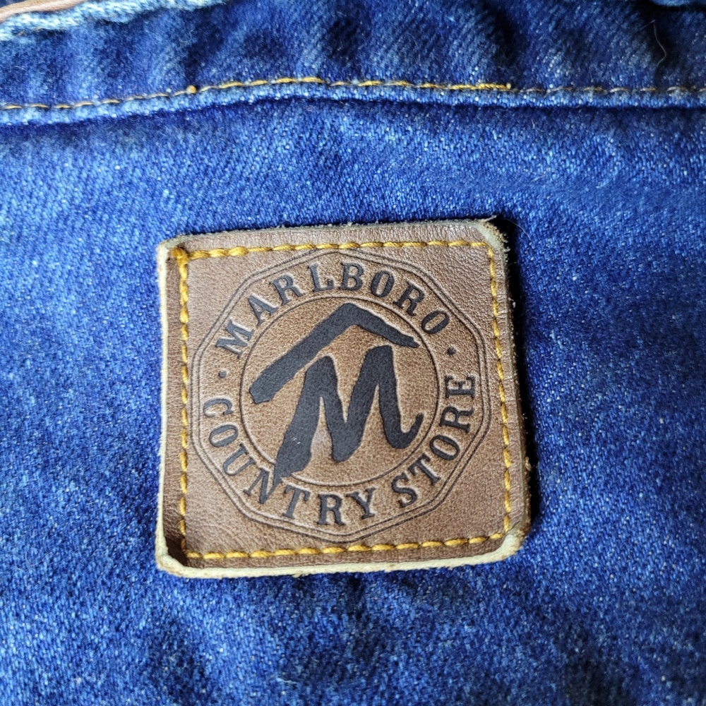 Vtg Marlboro Country Store Denim Jean Jacket Mens Large Button Up Leather Collar - Picture 10 of 12